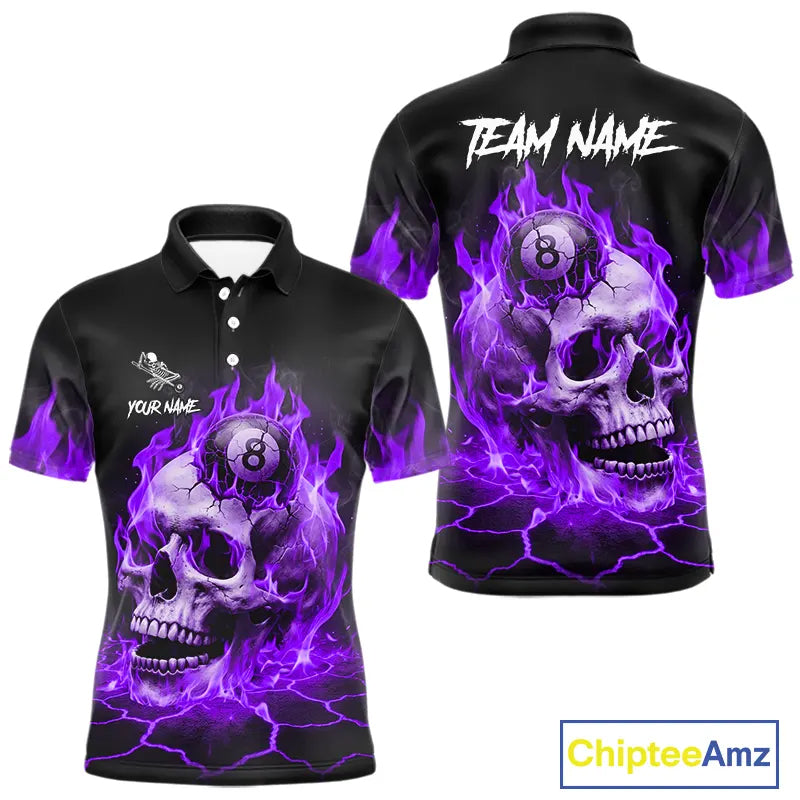 Purple Flaming Skull 8 Ball Billiard Shirt For Men Custom Pool Team Jersey Polo & Quarter Zip TDM5423