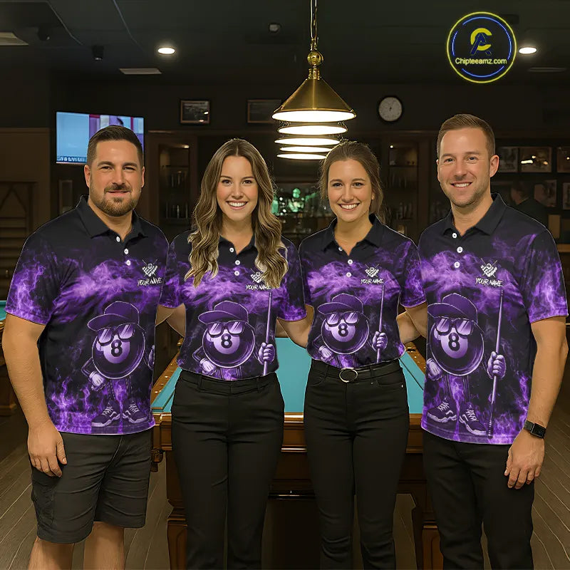 Purple Funny 8 Ball Pool Flame Smoke Billiard Shirt For Women Custom Billiard Team Jersey Uniform TDM5694
