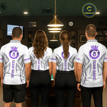 White And Purple Custom Crown 8 Ball Men's Billiards Shirts, Billiard Jersey Team Polo & 1/4 Zip TDM6054