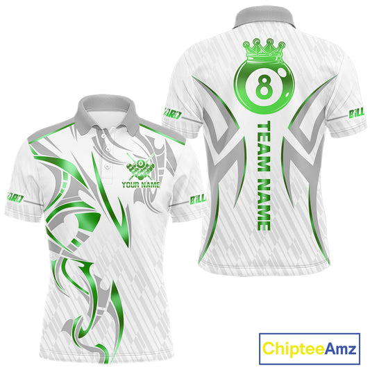 White And Green Custom Crown 8 Ball Men's Billiards Shirts, Billiard Jersey Team Polo & 1/4 Zip TDM6055