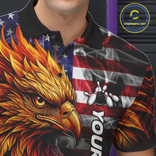 Load image into Gallery viewer, Close Up Of Smoke American Flag Phoenix Bowling Polo Shirt Collar Chest And Button Details