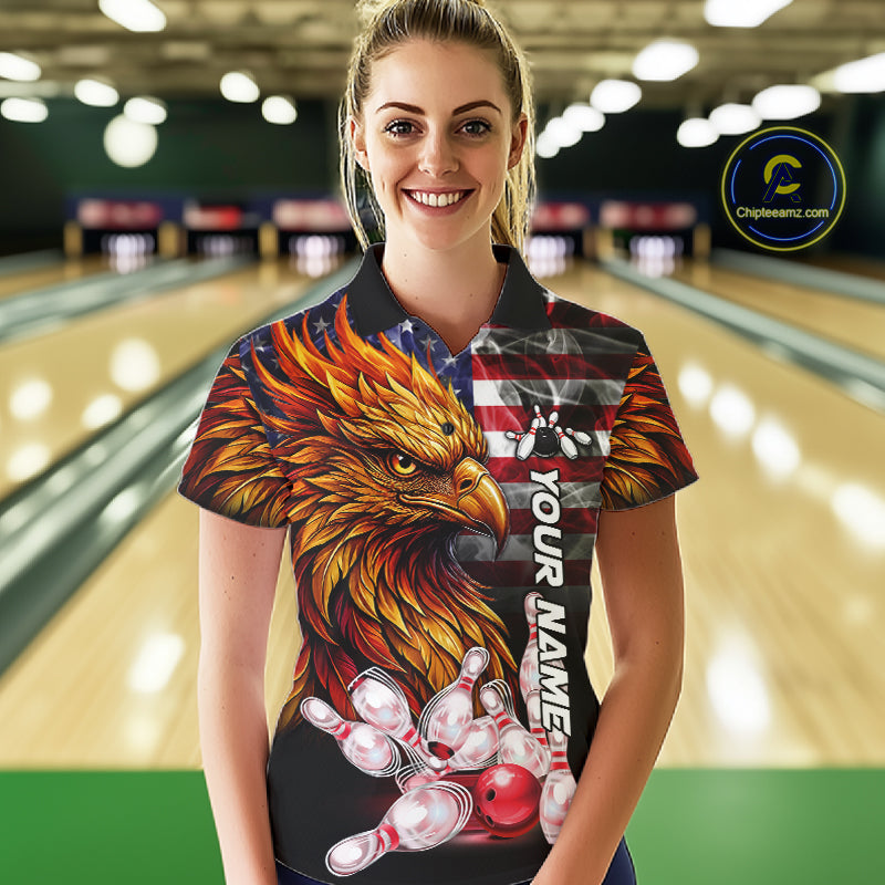 Woman Wearing Smoke American Flag Phoenix Bowling Polo Shirt Front View Custom Patriotic Bowling Jersey