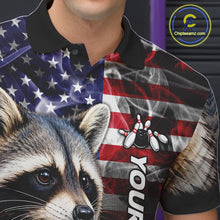 Load image into Gallery viewer, Close Up Of Smoke American Flag Raccoon Bowling Polo Shirt Collar Chest And Button Details