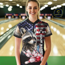 Load image into Gallery viewer, Woman Wearing Smoke American Flag Raccoon Bowling Quarter Zip Shirt Front View Custom Bowling Jersey