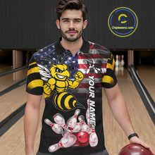 Load image into Gallery viewer, Man Wearing Smoke American Flag Funny Bee Bowling Polo Shirt Front View Custom Patriotic Bowling Jersey