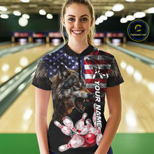 Load image into Gallery viewer, Woman Wearing Smoke American Flag Wolf Bowling Quarter Zip Shirt Front View Custom Bowling Jersey