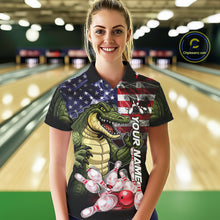 Load image into Gallery viewer, Woman Wearing Smoke American Alligator Bowling Polo Shirt Front View Custom Patriotic Bowling Jersey