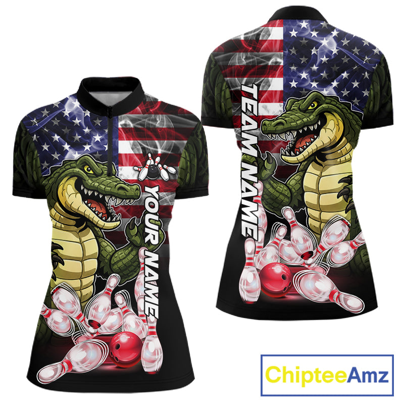 Smoke American Alligator Bowling Quarter Zip Shirt For Women Custom Patriotic Bowling Team Jersey