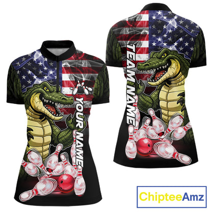 Smoke American Alligator Bowling Quarter Zip Shirt For Women Custom Patriotic Bowling Team Jersey