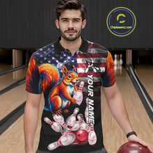 Load image into Gallery viewer, Man Wearing Smoke American Flag Squirrel Bowling Polo Shirt Front View Custom Patriotic Bowling Jersey