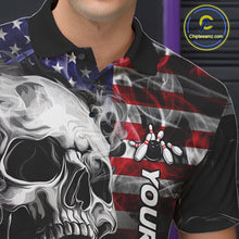 Load image into Gallery viewer, Close Up Of Smoke American Flag Skull Bowling Polo Shirt Collar Chest And Button Details