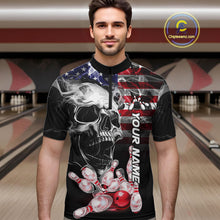 Load image into Gallery viewer, Man Wearing Smoke American Flag Skull Bowling Quarter Zip Shirt Front View Custom Bowling Jersey