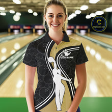Load image into Gallery viewer, Woman Wearing Black And Gold Retro Bowling Polo Shirt Front View Custom Bowling Jersey