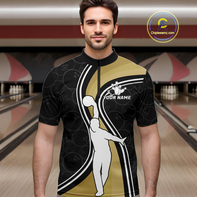Man Wearing Black And Gold Retro Bowling Quarter Zip Shirt Front View Custom Bowling Jersey