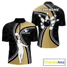 Load image into Gallery viewer, Black And Gold Retro Bowling Quarter Zip Shirt For Men Custom Bowling Team Jersey