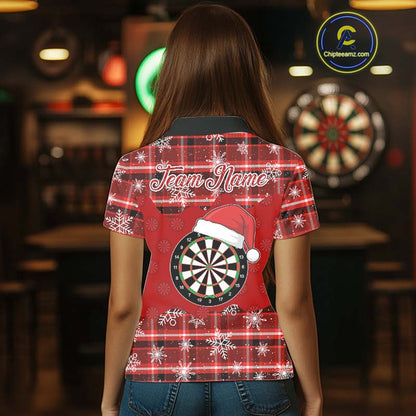 Funny Santa Dartboard Womens Darts Shirt Custom Red Plaid Snowflake Christmas Darts Jerseys Gifts TDM5182