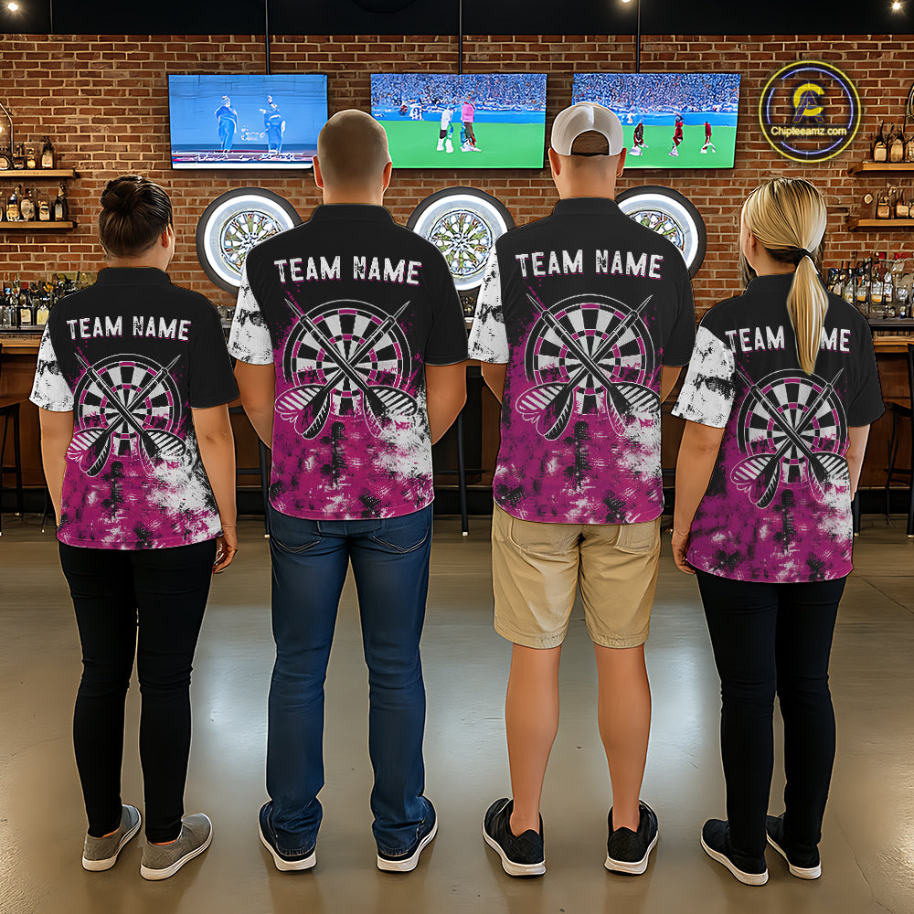 Personalized Pink Grunge Womens Dart Shirts Custom Dart Jerseys Team Polo & 1/4 Zip, Darts Uniform TDM5701