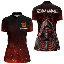 Load image into Gallery viewer, Red And Black Glowing Fire Grim Reaper Dart Shirts For Women Custom Dart Jerseys Polo &amp; 1/4 Zip TDM3712