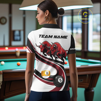 Custom Red 8 Ball & 9 Ball Pool Bull Billiard Shirt For Women, Billiard Team Jersey Polo & 1/4 Zip TDM6493