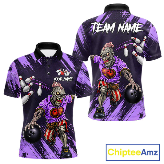 Custom Purple Funny Zombie Bowling Shirt For Men, Bowling Team League Jersey Polo & Quarter Zip TDM6499