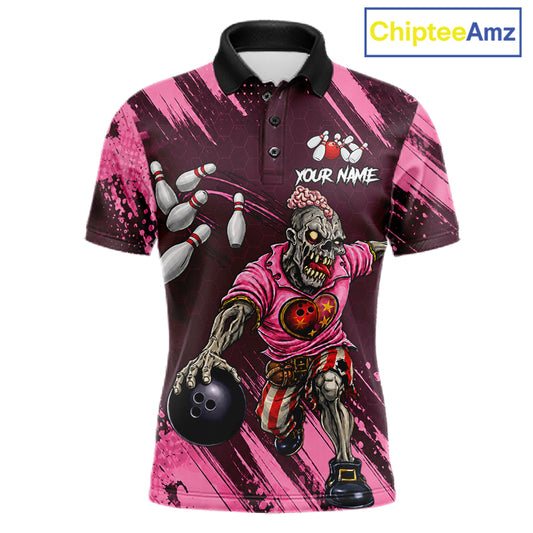 Custom Pink Funny Zombie Bowling Shirt For Men, Bowling Team League Jersey Polo & Quarter Zip TDM6500