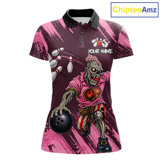 Custom Pink Funny Zombie Bowling Shirt For Women, Bowling Team League Jersey Polo & Quarter Zip TDM6500