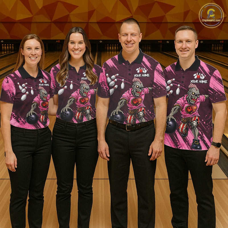 Custom Pink Funny Zombie Bowling Shirt For Women, Bowling Team League Jersey Polo & Quarter Zip TDM6500