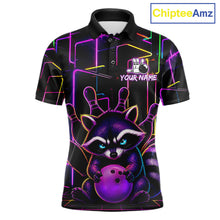 Load image into Gallery viewer, Funny purple neon raccoon bowling polo shirt for men with custom bowling team graphics.