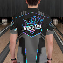Load image into Gallery viewer, Back view of man wearing a holographic bowling polo shirt inside a bowling alley.