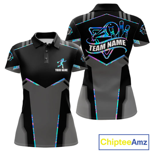 Holographic bowling polo shirt for women with custom bowling team graphics.