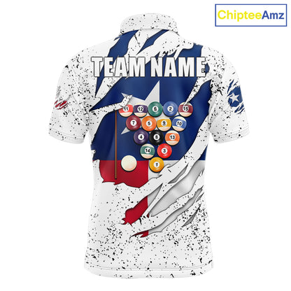 Black grunge Texas flag 8 ball pool billiard team jersey polo shirt for men featuring distressed Texas flag artwork with bold patriotic styling, premium custom pool league apparel for tournaments, league play and competitive billiard teams.
