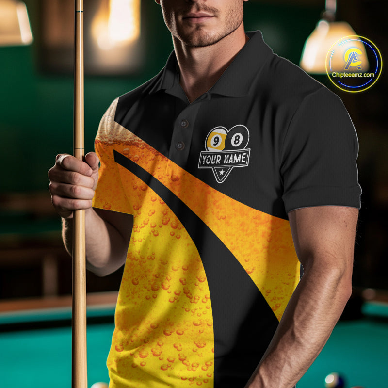 Black And Yellow Funny Beer Billiard Jersey For Men Custom 8 Ball 9 Ball Pool Billiard Team Shirts TDM7233