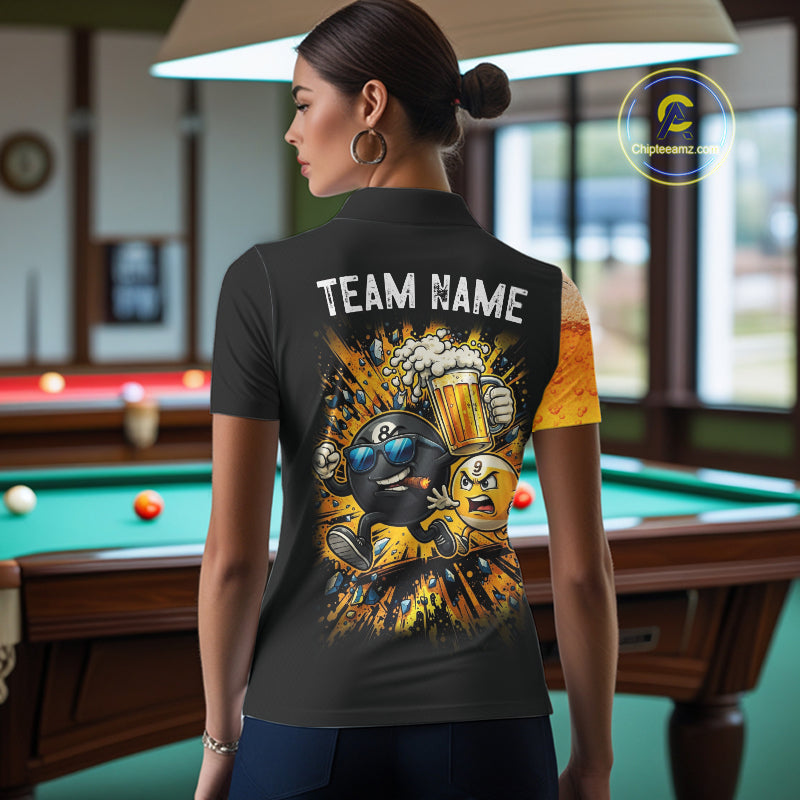 Black And Yellow Funny Beer Billiard Jersey For Women Custom 8 Ball 9 Ball Pool Billiard Team Shirts TDM7233