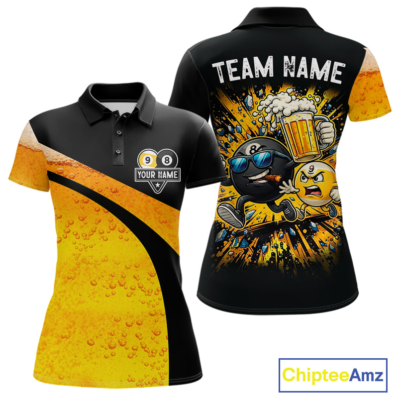 Black And Yellow Funny Beer Billiard Jersey For Women Custom 8 Ball 9 Ball Pool Billiard Team Shirts TDM7233
