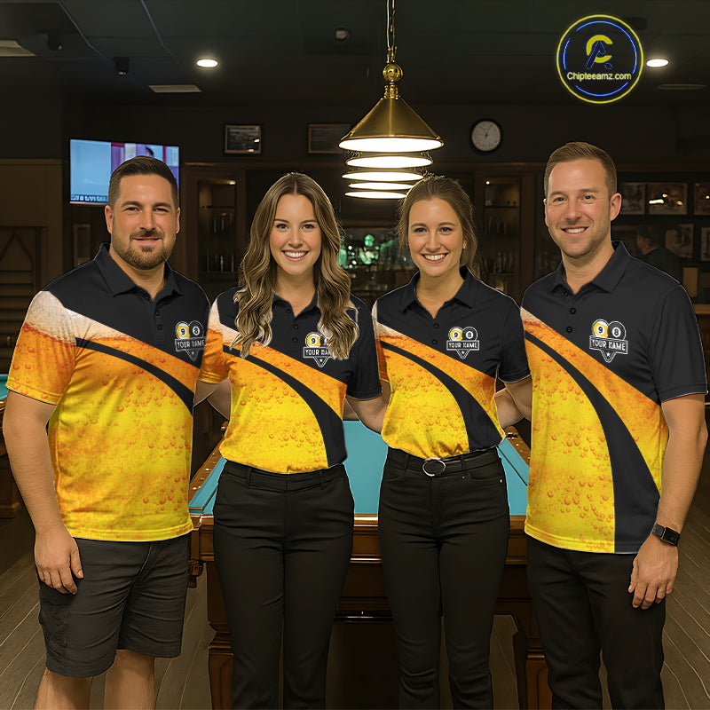 Black And Yellow Funny Beer Billiard Jersey For Women Custom 8 Ball 9 Ball Pool Billiard Team Shirts TDM7233