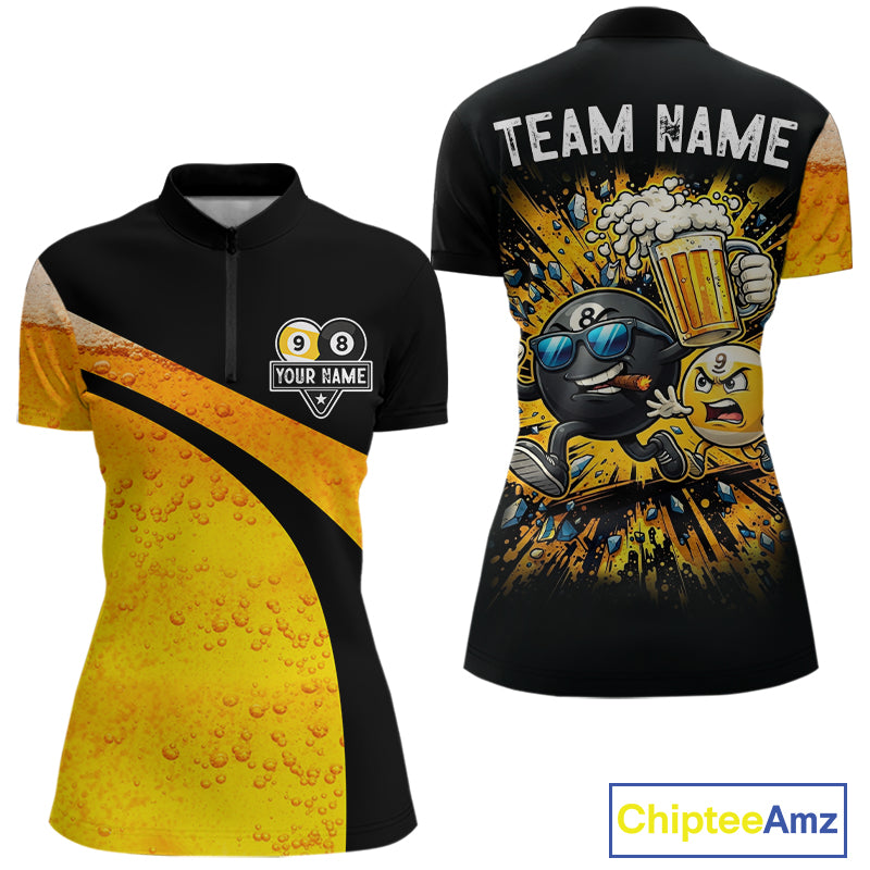 Black And Yellow Funny Beer Billiard Jersey For Women Custom 8 Ball 9 Ball Pool Billiard Team Shirts TDM7233