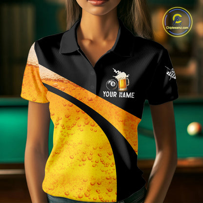 Yellow Funny Beer Billiard Shirt For Women Custom 8 Ball Pool & Beer That's Why I'm Here Team Jersey TDM7234