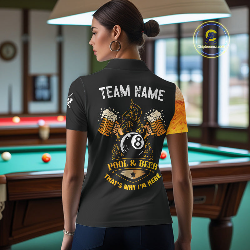 Yellow Funny Beer Billiard Shirt For Women Custom 8 Ball Pool & Beer That's Why I'm Here Team Jersey TDM7234