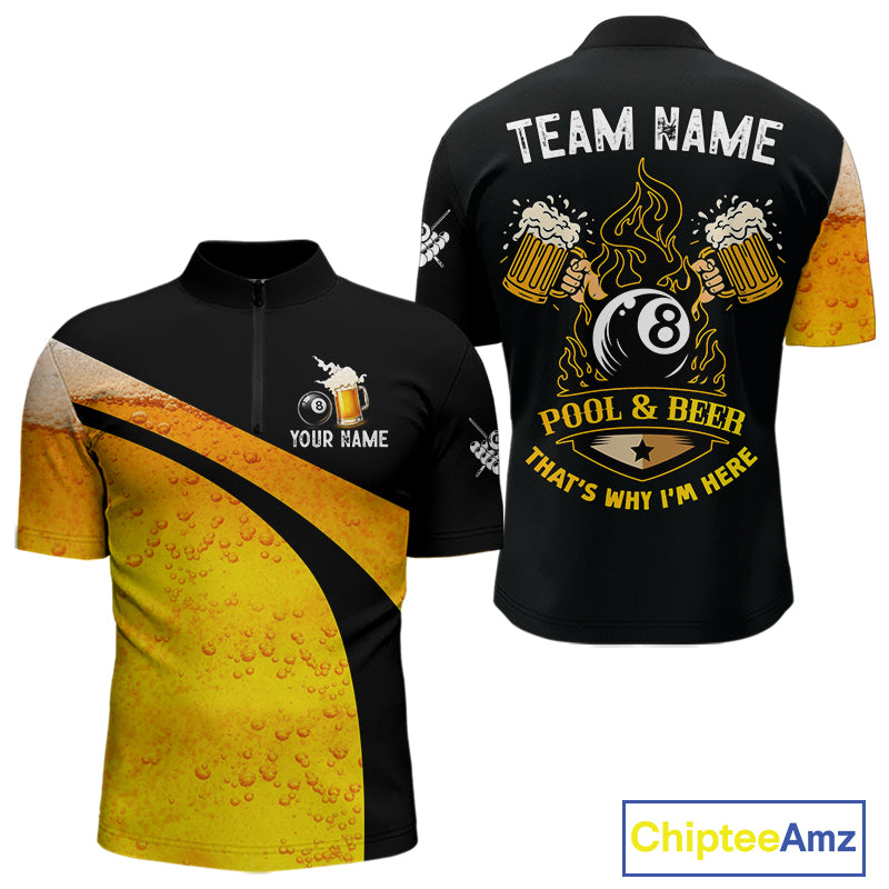 Yellow Funny Beer Billiard Shirt For Men Custom 8 Ball Pool & Beer That's Why I'm Here Team Jersey TDM7234