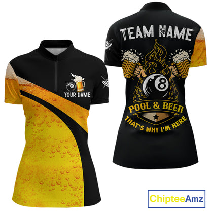 Yellow Funny Beer Billiard Shirt For Women Custom 8 Ball Pool & Beer That's Why I'm Here Team Jersey TDM7234
