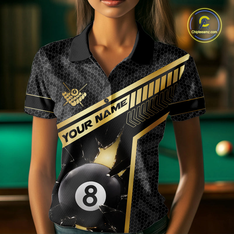 Black And Gold 8 Ball Break Glass Billiard Shirt For Women Custom Pool Team Jersey Polo & 1/4 Zip TDM6069