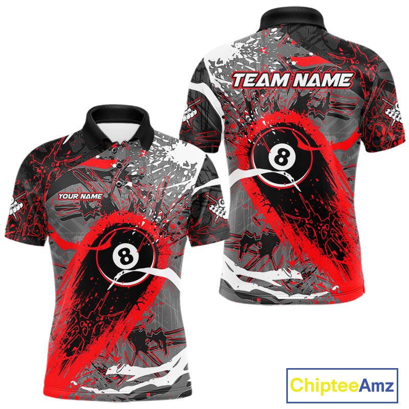 Red Grunge 8 Ball Pool Custom Billiard Shirts For Men, Billiard Team Jerseys Polo 1/4 Zip TDM6073