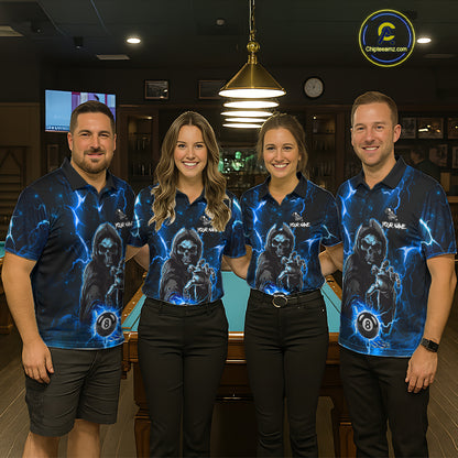 Blue Grim Reaper 8 Ball Billiard Shirt For Men Custom Lightning Billiard Team Jersey Polo, 1/4 Zip TDM6327