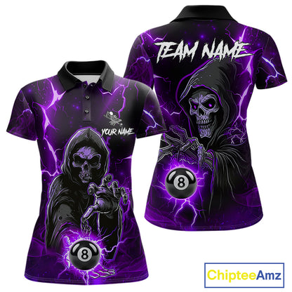 Purple Grim Reaper 8 Ball Billiard Shirt For Women Custom Lightning Pool Team Jersey Polo, 1/4 Zip TDM6328
