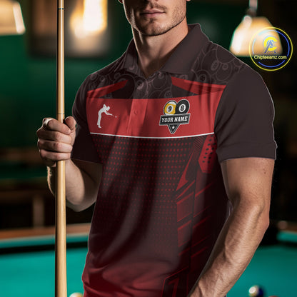 Red Funny Cat 8 Ball & 9 Ball Billiard Shirt For Men Custom Pool Team Jersey Polo & 1/4 Zip TDM7240