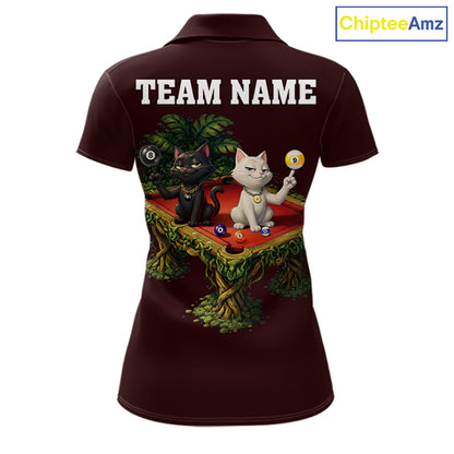 Red Funny Cat 8 Ball & 9 Ball Billiard Shirt For Women Custom Pool Team Jersey Polo & 1/4 Zip TDM7240