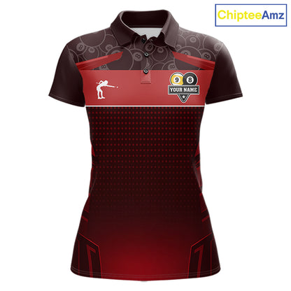 Red Funny Cat 8 Ball & 9 Ball Billiard Shirt For Women Custom Pool Team Jersey Polo & 1/4 Zip TDM7240