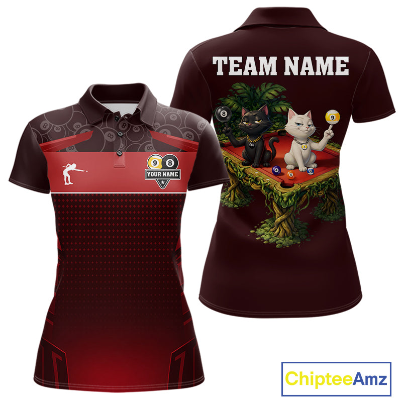 Red Funny Cat 8 Ball & 9 Ball Billiard Shirt For Women Custom Pool Team Jersey Polo & 1/4 Zip TDM7240