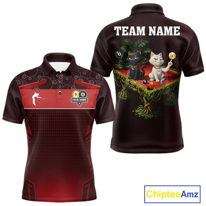 Red Funny Cat 8 Ball & 9 Ball Billiard Shirt For Men Custom Pool Team Jersey Polo & 1/4 Zip TDM7240