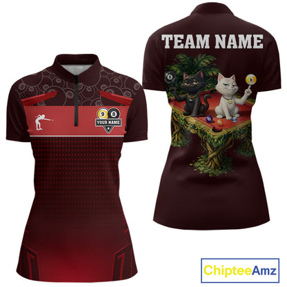 Red Funny Cat 8 Ball & 9 Ball Billiard Shirt For Women Custom Pool Team Jersey Polo & 1/4 Zip TDM7240